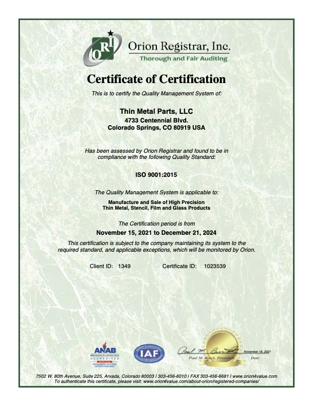Thin Metal Parts ISO 9001 Certificate for Quality Control